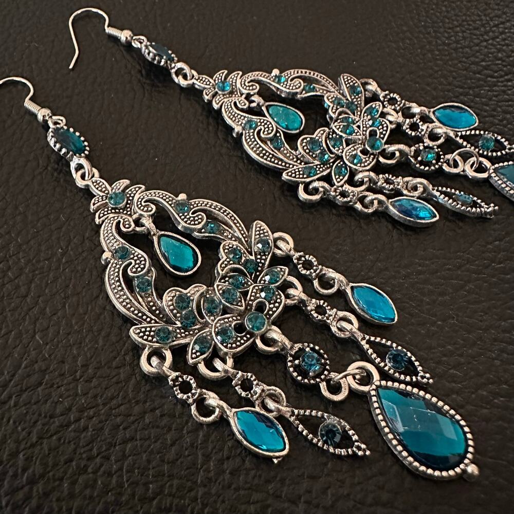Bollywood Oxidized Silver Tone with Dark Turquoise accent Dangle Earrings